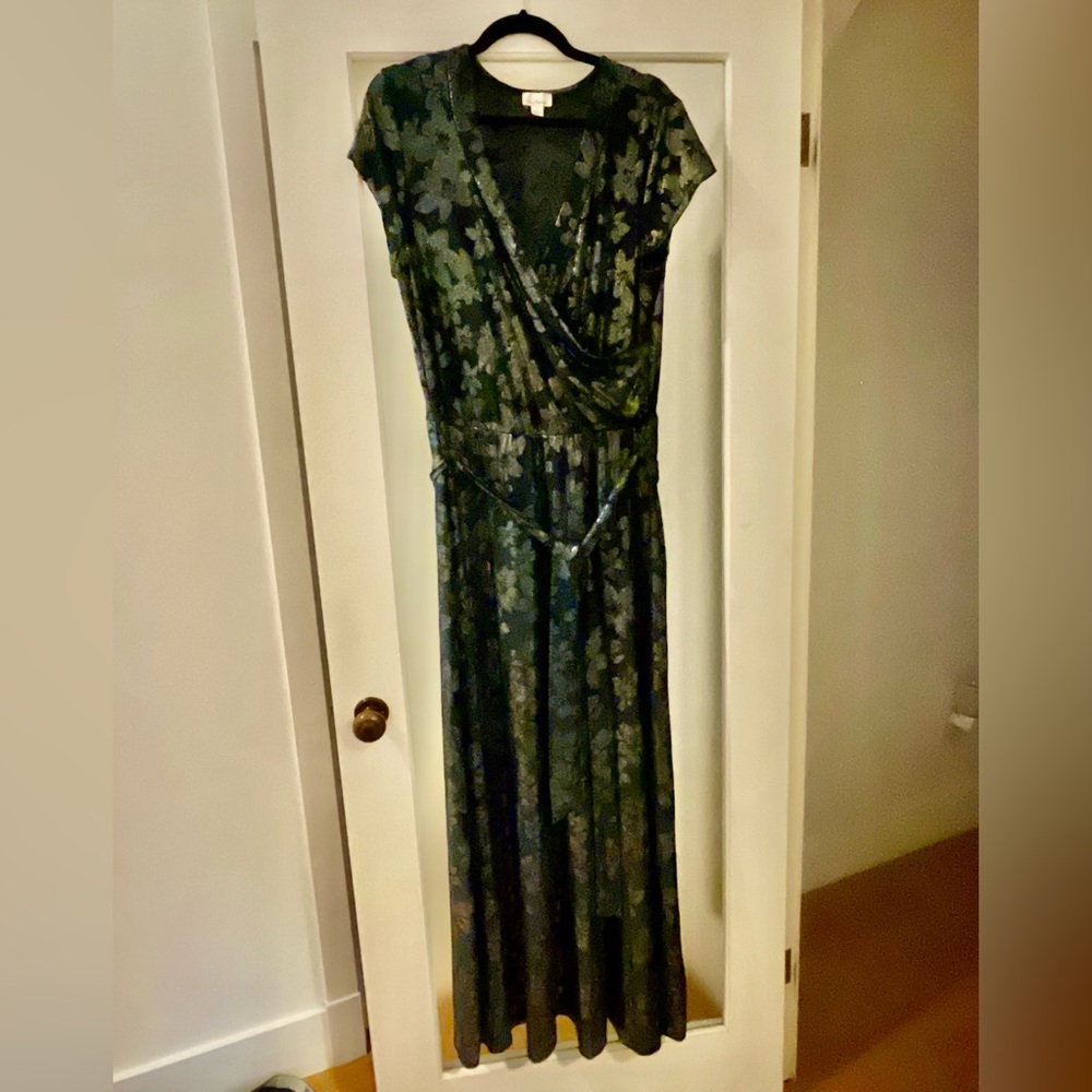 Olivia Matthews Dark Green and Gold Floral Maxi Dress